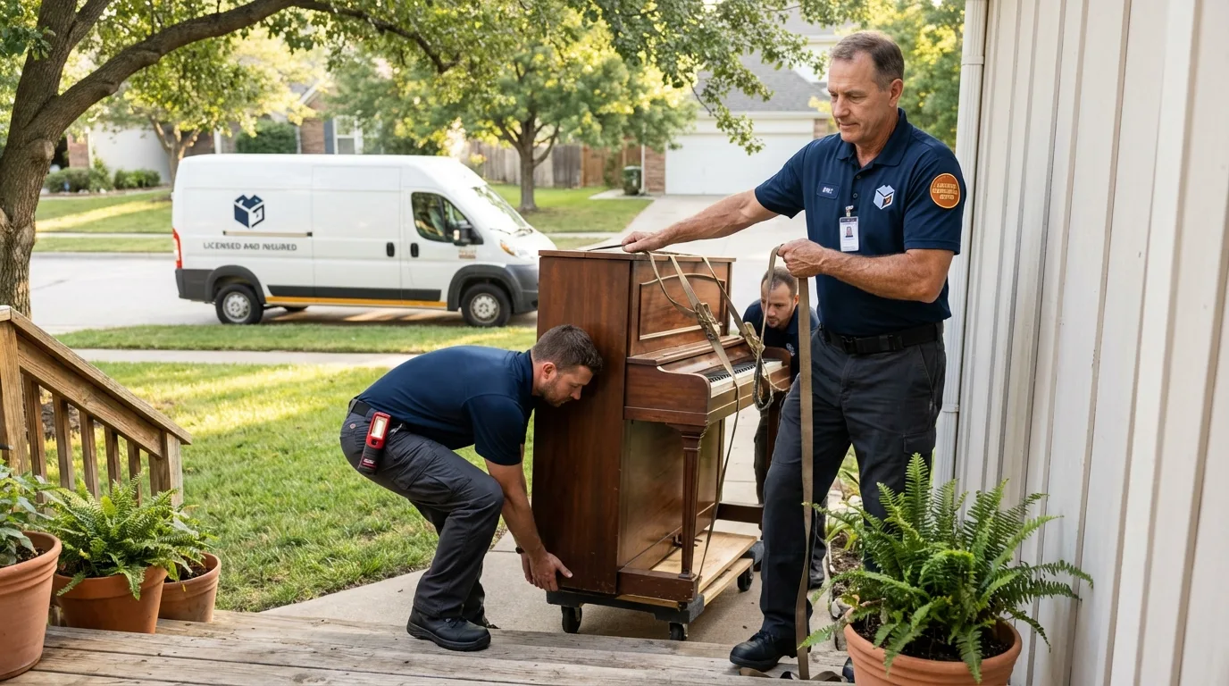 Licensed piano movers securing grand piano in Toughkenamon, PA