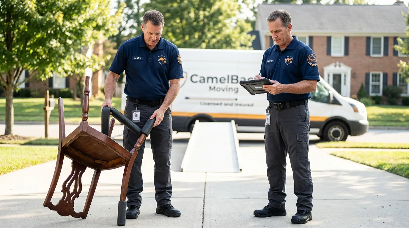 Movers inspecting furniture for damage prevention before loading in Toughkenamon, PA
