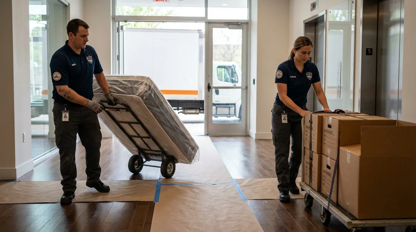 Professional apartment movers loading elevator in Toughkenamon, PA