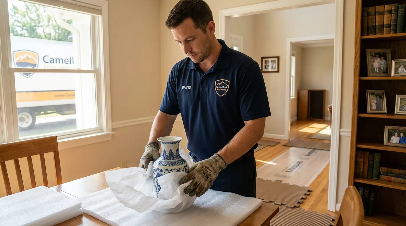 Professional crew carefully wrapping antique vase for senior downsizing move in Toughkenamon, PA